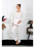 Düğmeli Uzun Kollu Hamile Lohusa Pijama Takımı Ekru Akbeniz 45501 Ekru farklı açı