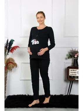 Akbeniz Patik Desenli Uzun Kollu Hamile Lohusa Pijama Takımı Siyah Akbeniz 45501