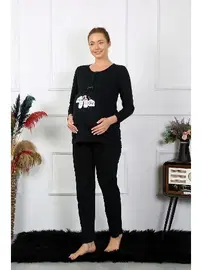 Akbeniz Patik Desenli Uzun Kollu Hamile Lohusa Pijama Takımı Siyah Akbeniz 45501