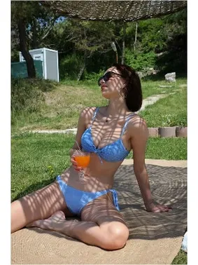 Akbeniz Kadın Yandan Bağlamalı Yarım Destekli Fiyonklu Buz Mavi Bikini Takım 35014