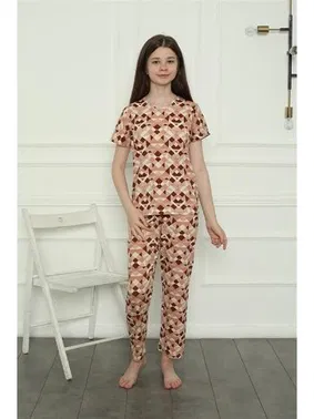 Akbeniz Bisiklet Yaka Kısa Kollu Kız Çocuk Penye Pijama Takım Akbeniz 20396