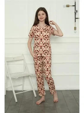 Akbeniz Bisiklet Yaka Kısa Kollu Kız Çocuk Penye Pijama Takım Akbeniz 20396 - Alternatif Görünüm