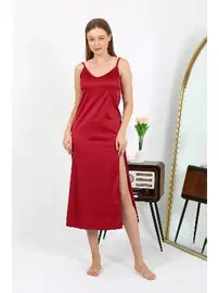 Akbeniz Bordo Derin Yırtmaçlı Saten Uzun Gecelik Akbeniz 7410