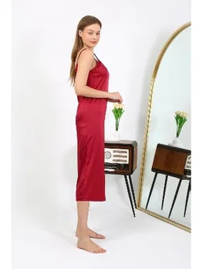 Akbeniz Bordo Derin Yırtmaçlı Saten Uzun Gecelik Akbeniz 7410 - Alternatif Görünüm