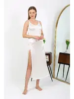 Derin Yırtmaçlı İp Askılı Uzun Saten Gecelik Ekru Akbeniz 7410 Ekru