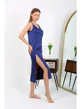 Akbeniz Lacivert Derin Yırtmaçlı Uzun Saten Gecelik Akbeniz 7410