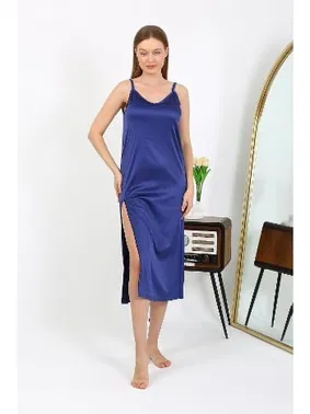 Akbeniz Lacivert Derin Yırtmaçlı Uzun Saten Gecelik Akbeniz 7410 - Alternatif Görünüm