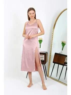 Akbeniz Uzun Yırtmaçlı Saten İp Askılı Kadın Gecelik Pudra Akbeniz 7410