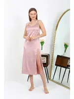 Uzun Yırtmaçlı Saten İp Askılı Kadın Gecelik Pudra Akbeniz 7410 Pudra