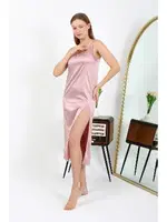 Uzun Yırtmaçlı Saten İp Askılı Kadın Gecelik Pudra Akbeniz 7410 Pudra görsel 4