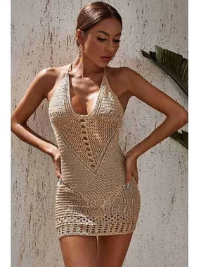 Angelsin Angelsin Boyundan Bağlamalı Etnik Desenli Örme Pareo Plaj Elbisesi MS 4369 - Krem