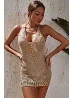 Angelsin Boyundan Bağlamalı Etnik Desenli Örme Pareo Plaj Elbisesi MS 4369 - Krem Krem