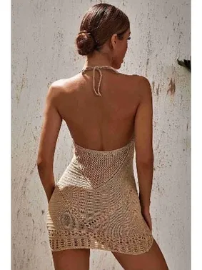 Angelsin Angelsin Boyundan Bağlamalı Etnik Desenli Örme Pareo Plaj Elbisesi MS 4369 - Krem - Alternatif Görünüm