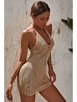 Angelsin Boyundan Bağlamalı Etnik Desenli Örme Pareo Plaj Elbisesi MS 4369 - Krem Krem farklı açı