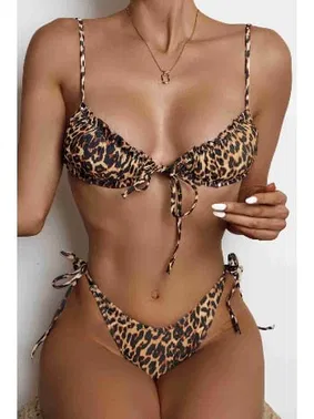 Angelsin Angelsin Leopar Desenli İpli Tasarım Bağlamalı Bikini Üstü MS 43769 - Çok Renkli - Alternatif Görünüm