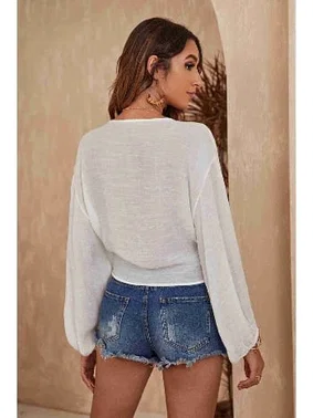 Angelsin Angelsin Önden Bağlamalı Salaş Gömlek Pareo Crop Bluz MS 4368 - Beyaz - Alternatif Görünüm