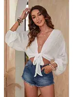 Angelsin Önden Bağlamalı Salaş Gömlek Pareo Crop Bluz MS 4368 - Beyaz Beyaz farklı açı