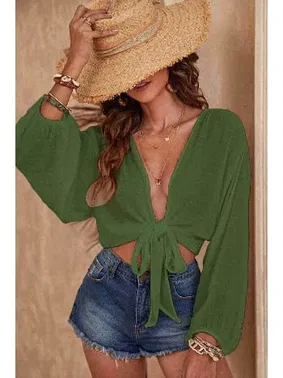 Angelsin Angelsin Önden Bağlamalı Salaş Gömlek Pareo Crop Bluz MS 4368 Haki