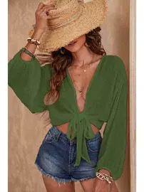 Angelsin Angelsin Önden Bağlamalı Salaş Gömlek Pareo Crop Bluz MS 4368 Haki