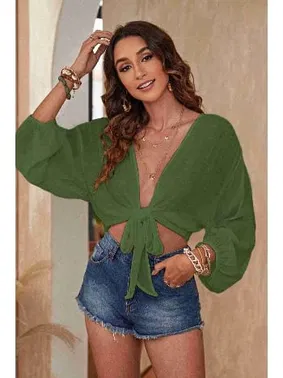 Angelsin Angelsin Önden Bağlamalı Salaş Gömlek Pareo Crop Bluz MS 4368 Haki - Alternatif Görünüm