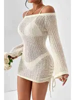 Angelsin Örme Yanlardan Büzgülü Uzun Kollu Plaj Elbisesi Pareo MS 4379 Krem Krem