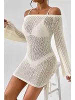 Angelsin Örme Yanlardan Büzgülü Uzun Kollu Plaj Elbisesi Pareo MS 4379 Krem Krem farklı açı