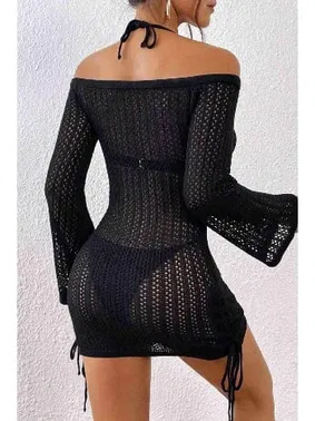 Angelsin Angelsin Örme Yanlardan Büzgülü Uzun Kollu Plaj Elbisesi Pareo Siyah - Alternatif Görünüm