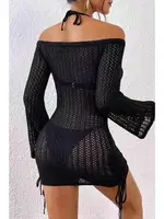 Angelsin Örme Yanlardan Büzgülü Uzun Kollu Plaj Elbisesi Pareo Siyah detay görünüm