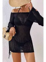 Angelsin Örme Yanlardan Büzgülü Uzun Kollu Plaj Elbisesi Pareo Siyah farklı açı