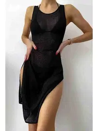 Angelsin Angelsin Özel Kımaş Şık Pareo Plaj Elbisesi Kimono Kaftan Siyah MS 4353