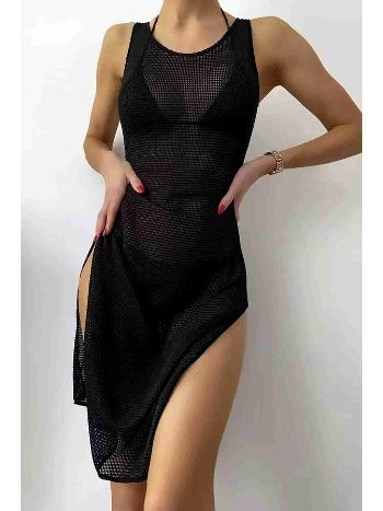Angelsin Özel Kımaş Şık Pareo Plaj Elbisesi Kimono Kaftan Siyah MS 4353