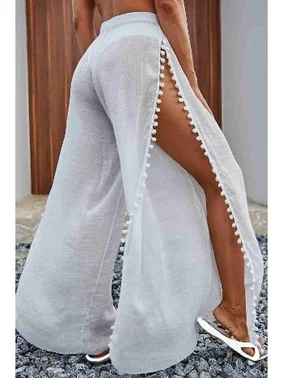 Angelsin Angelsin Ponponlu Yırtmaç Detaylı Plaj Pantolonu Pareo MS 4415 - Beyaz - Alternatif Görünüm