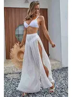 Angelsin Ponponlu Yırtmaç Detaylı Plaj Pantolonu Pareo MS 4415 - Beyaz Beyaz görsel 4