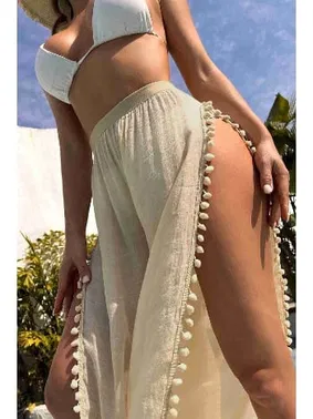 Angelsin Angelsin Ponponlu Yırtmaç Detaylı Plaj Pantolonu Pareo MS 4415 - Krem