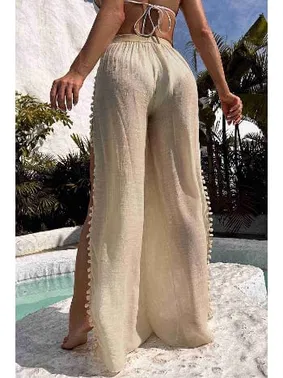 Angelsin Angelsin Ponponlu Yırtmaç Detaylı Plaj Pantolonu Pareo MS 4415 - Krem - Alternatif Görünüm