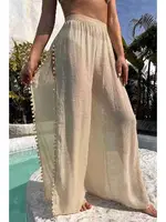 Angelsin Ponponlu Yırtmaç Detaylı Plaj Pantolonu Pareo MS 4415 - Krem Krem farklı açı