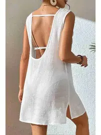 Angelsin Angelsin Sırt Dekolteli Yırtmaçlı Pareo Plaj Elbisesi MS 4381 - Beyaz