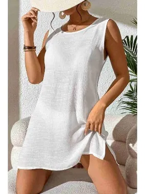 Angelsin Angelsin Sırt Dekolteli Yırtmaçlı Pareo Plaj Elbisesi MS 4381 - Beyaz - Alternatif Görünüm