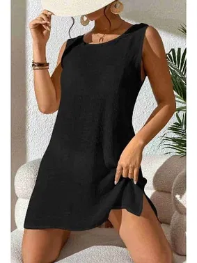 Angelsin Angelsin Sırt Dekolteli Yırtmaçlı Pareo Plaj Elbisesi MS 4381 - Siyah