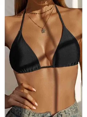 Angelsin Angelsin Siyah Boyundan Bağlamalı Üçgen Bikini Üstü MS 43759 - Siyah