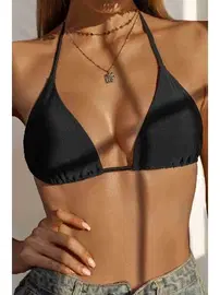 Angelsin Angelsin Siyah Boyundan Bağlamalı Üçgen Bikini Üstü MS 43759 - Siyah