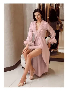 İmaj Arkası Uzun Sabahlıklı 2lli Saten Tüylü Gecelik Takımı İmaj 4225