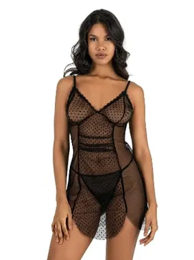 Ahu Lingerie Asimetrik Kesim Siyah Kısa Tül Gecelik Ahu Primoda 4219