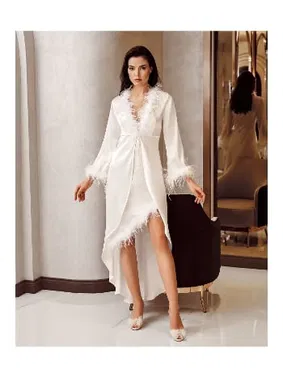 İmaj Asimetrik Kesim Tüylü 2li Saten Gecelik Takımı İmaj 4225