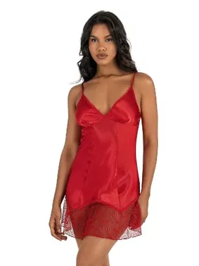 Ahu Lingerie Asimetrik Tüllü Kırmızı Kısa Saten Gecelik Ahu Primoda 8227