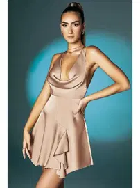 Pink Night Askılı Degajeli Somon Mini Elbise Pink Night 3377