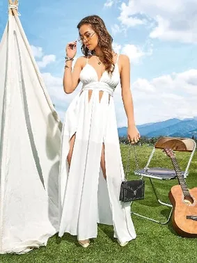 Pink Night Askılı Dekolteli Beyaz Seksi Uzun Elbise Pink Night 5504