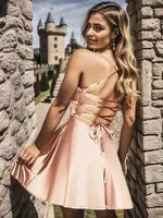 Askılı Somon Saten Parti Mini Elbise Pink Night 3388 Somon detay görünüm