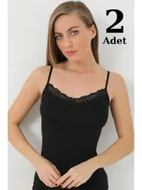 Arma Yıldız Bambu Siyah V Yaka İp Askılı Dantelli Atlet Arma Yıldız 3704 - 2 ADET