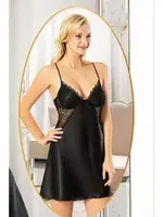 Bel Dekolteli Saten İnce Askılı Kısa 2Li Gecelik Sabahlık Çeyiz Seti XSES 2109 Siyah detay görünüm